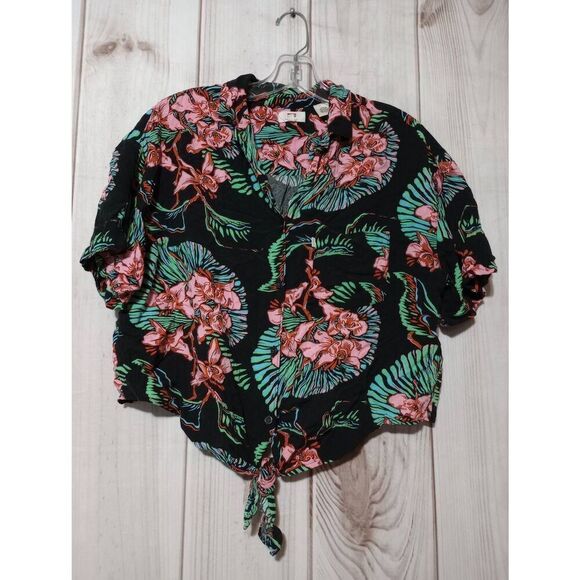 Levi's Shirt Ladies Medium Button Front Crop Top Tropical  Black Pink‎ - Picture 1 of 6